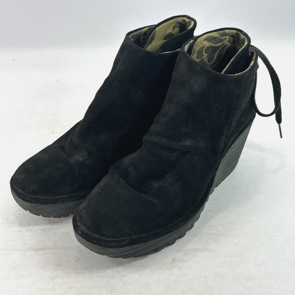 Fly London Yebi Ruched Ankle Boots Women's Sz US 5.5 EU36 Black Suede Rear Tie